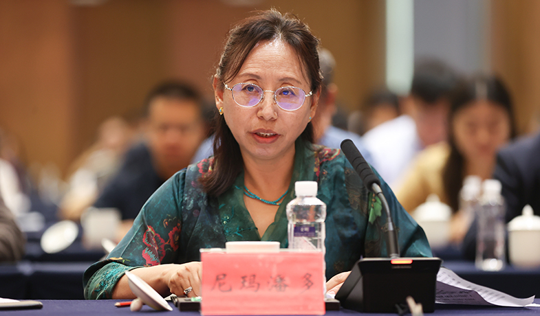 获奖作家代表尼玛潘多在座谈会上作交流发言