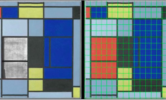 左:红色矩形层下可见用铅笔和尺子绘制的严格而规矩的网格;右:从红色矩形延伸出的网格与现有比例重合。